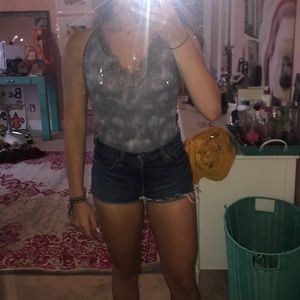 Gray tie dye lace trim bodysuit